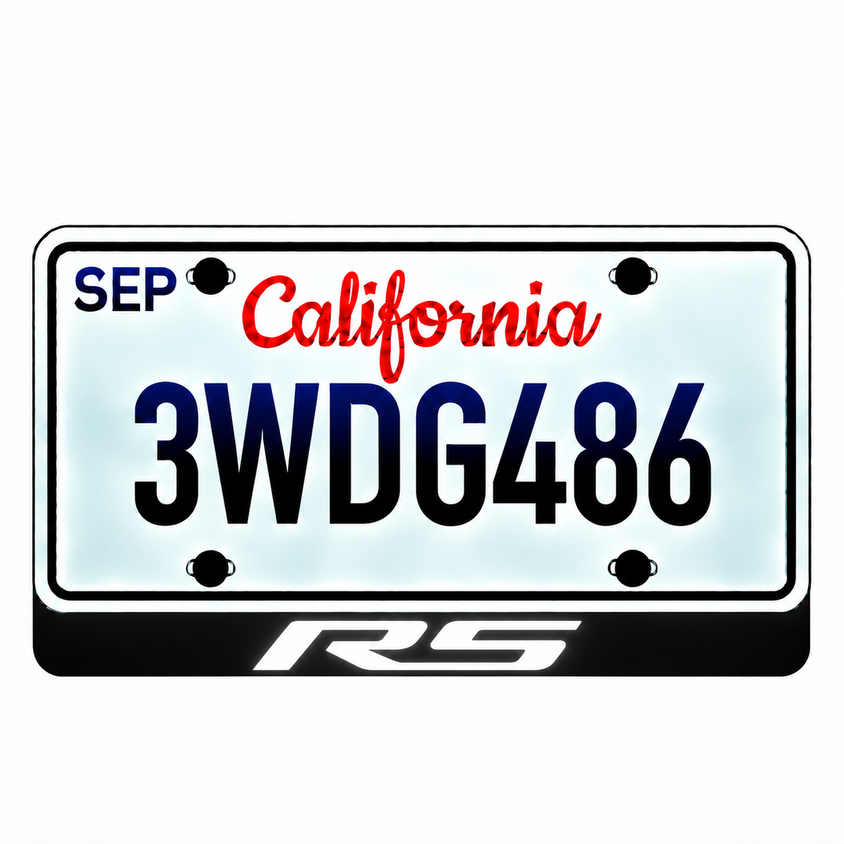 Chevrolet RS illuminated LED license plate badge with solid lettering below an illustrative US plate; plate not included
