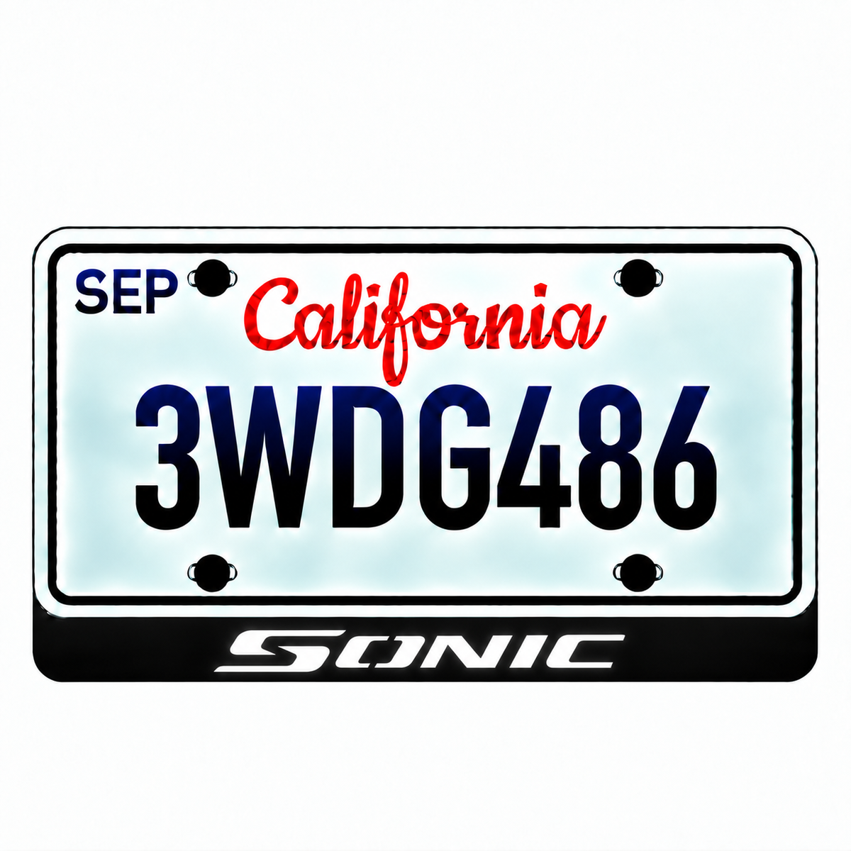 Chevrolet SONIC illuminated LED license plate badge with solid lettering below an illustrative US plate; plate not included