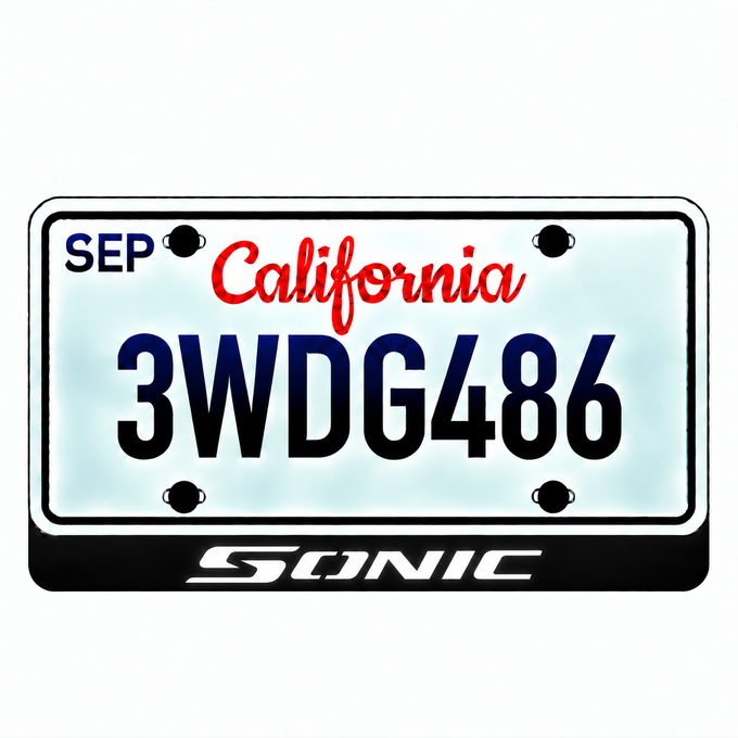 Chevrolet SONIC illuminated LED license plate badge with solid lettering below an illustrative US plate; plate not included