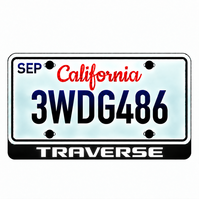 Chevrolet TRAVERSE illuminated LED license plate badge with solid lettering below an illustrative US plate; plate not included