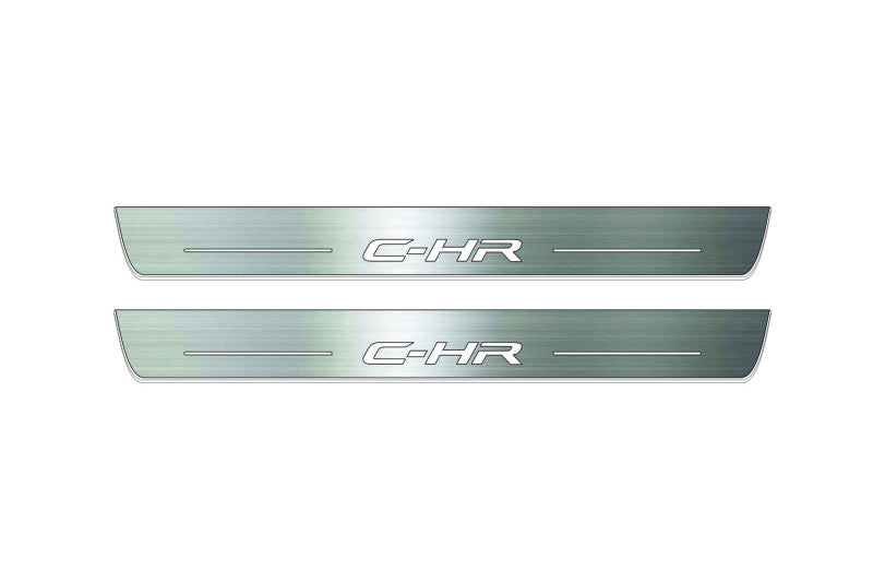 Two long silver-finished door sill plates with C-HR lettering on a light background, straight-on view.