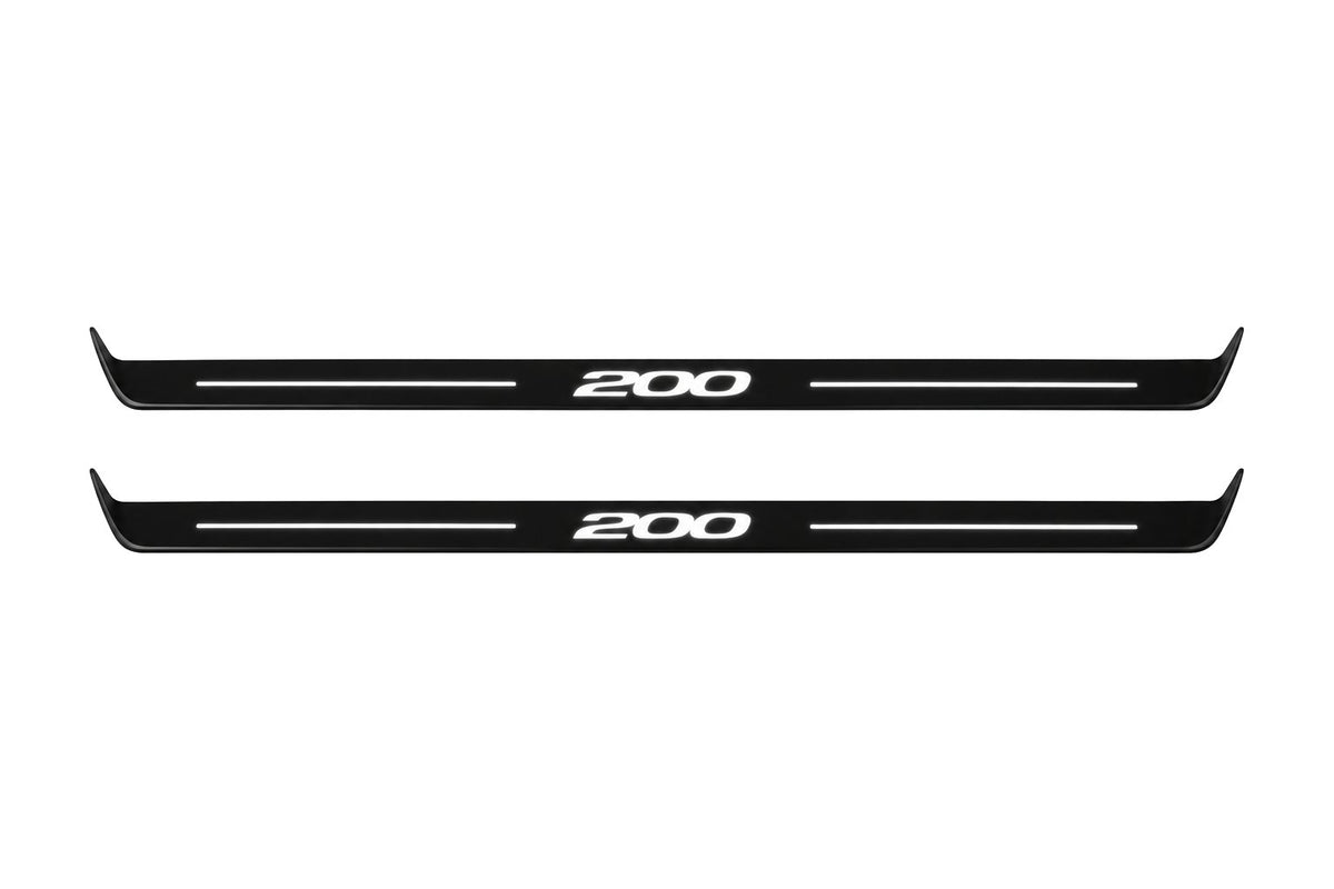 Catalogue illustration of two front black Matte PRO LED door sill plates with illuminated 200 lettering for Chrysler 200 II; dimensions are selected during manufacture.