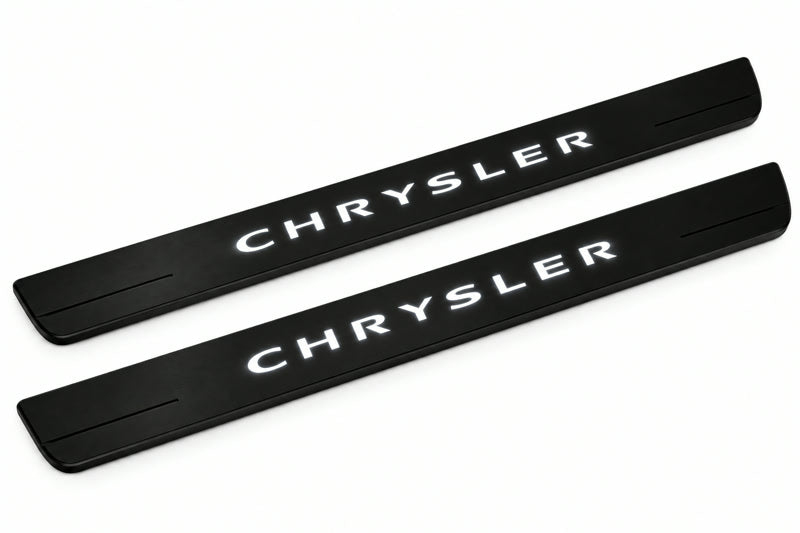 Catalogue illustration of two front black Matte PRO LED door sill plates with illuminated Chrysler lettering for Chrysler 200 II; dimensions are selected during manufacture.