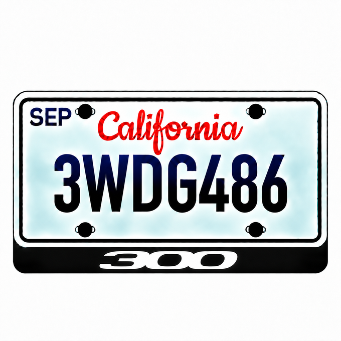 Chrysler 300 illuminated LED license plate badge with solid lettering below an illustrative US plate; plate not included