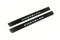 Catalogue illustration of two front black Matte PRO LED door sill plates with illuminated Chrysler lettering for Chrysler 300 Sedan LD; dimensions are selected during manufacture.
