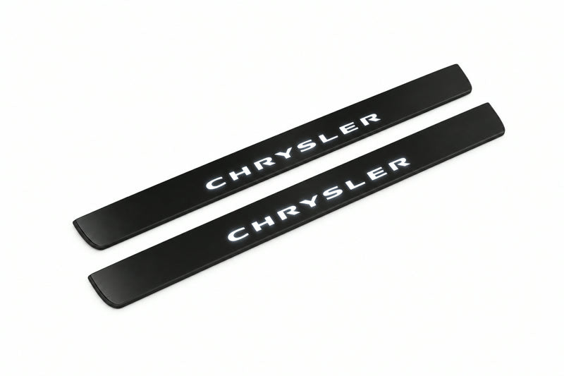 Catalogue illustration of two front black Matte PRO LED door sill plates with illuminated Chrysler lettering for Chrysler 300 Sedan LD; dimensions are selected during manufacture.