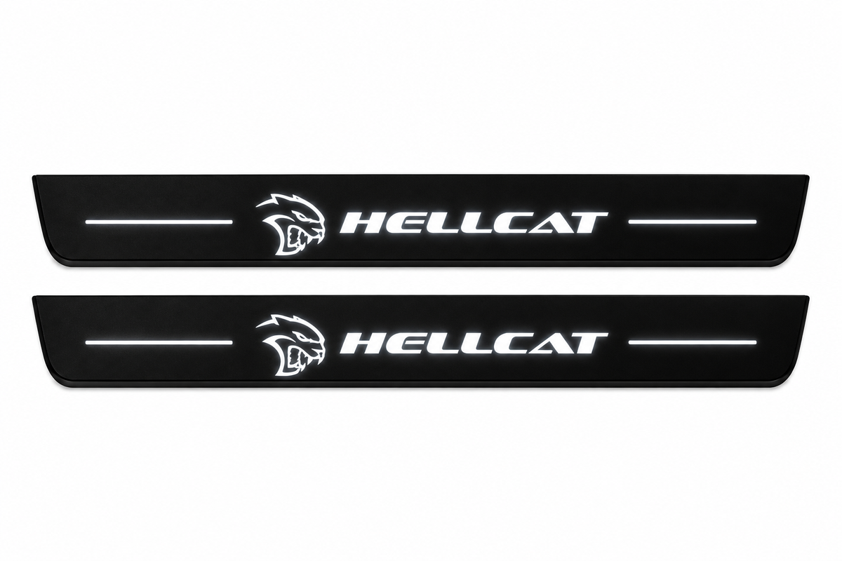 Catalogue illustration of two front black Matte PRO LED door sill plates with illuminated HELLCAT lettering for Chrysler 300 Sedan LD; the FRONT+REAR option includes rear plates not shown; final dimensions are selected during manufacture.