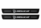 Catalogue illustration of two front black Matte PRO LED door sill plates with illuminated HELLCAT lettering for Chrysler 300 Sedan LD; the FRONT+REAR option includes rear plates not shown; final dimensions are selected during manufacture.
