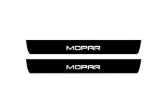 Catalogue illustration of two front black Matte PRO LED door sill plates with illuminated MOPAR lettering for Chrysler 300 Sedan LD; the FRONT+REAR option includes rear plates not shown; final dimensions are selected during manufacture.
