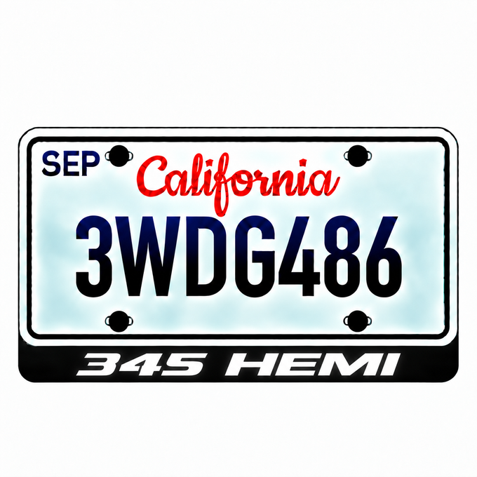 Chrysler 345 HEMI illuminated LED license plate badge with solid lettering below an illustrative US plate; plate not included