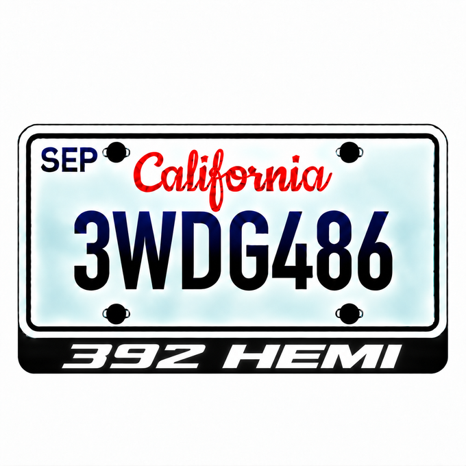 Chrysler 392 HEMI illuminated LED license plate badge with solid lettering below an illustrative US plate; plate not included