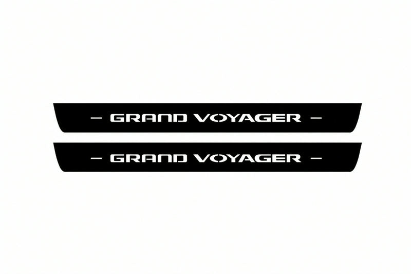 Catalogue illustration of two front black Matte PRO LED door sill plates with illuminated Grand Voyager lettering for Chrysler Grand Voyager V; dimensions are selected during manufacture.