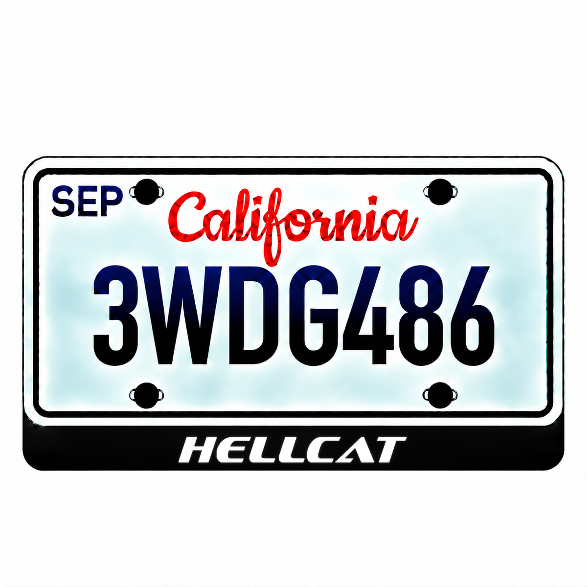 Chrysler HELLCAT illuminated LED license plate badge with solid lettering below an illustrative US plate; plate not included
