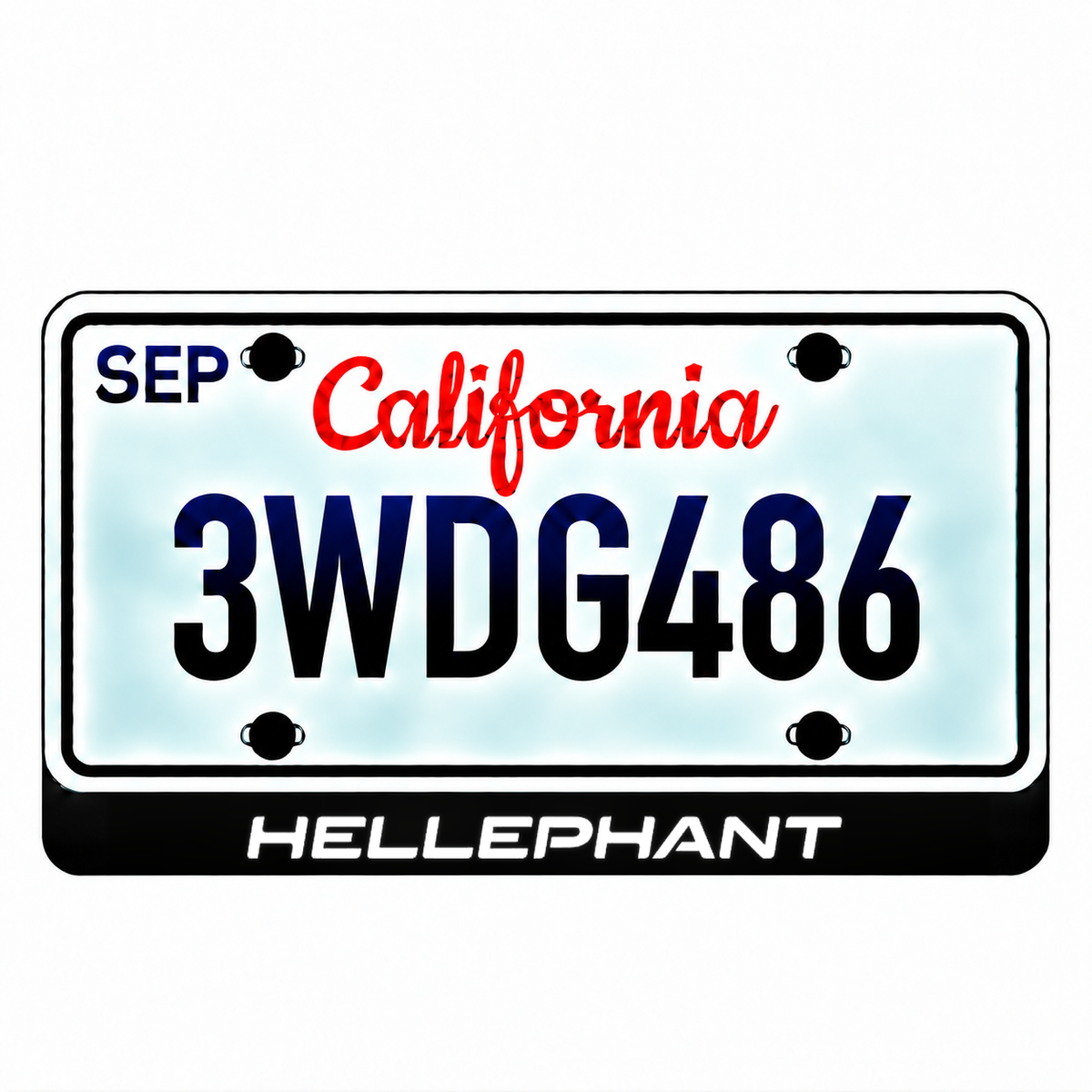Chrysler HELLEPHANT illuminated LED license plate badge with solid lettering below an illustrative US plate; plate not included