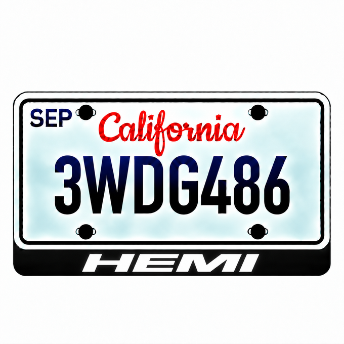 Chrysler HEMI illuminated LED license plate badge with solid lettering below an illustrative US plate; plate not included