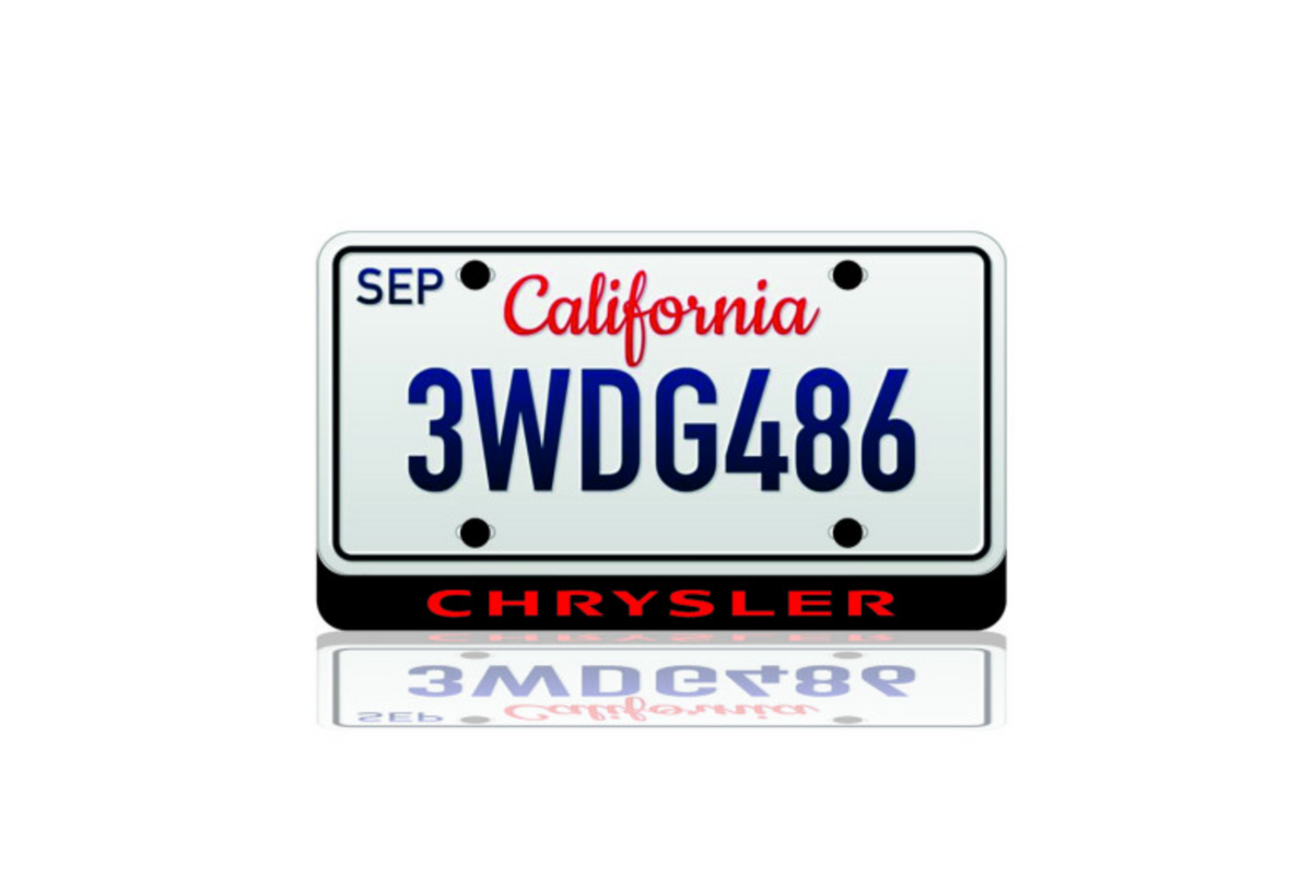 CHRYSLER LED badge below an illustrative U.S.-size license plate; plate not included