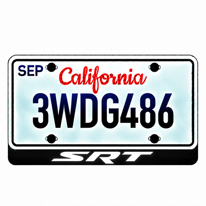 Chrysler SRT illuminated LED license plate badge with solid lettering below an illustrative US plate; plate not included