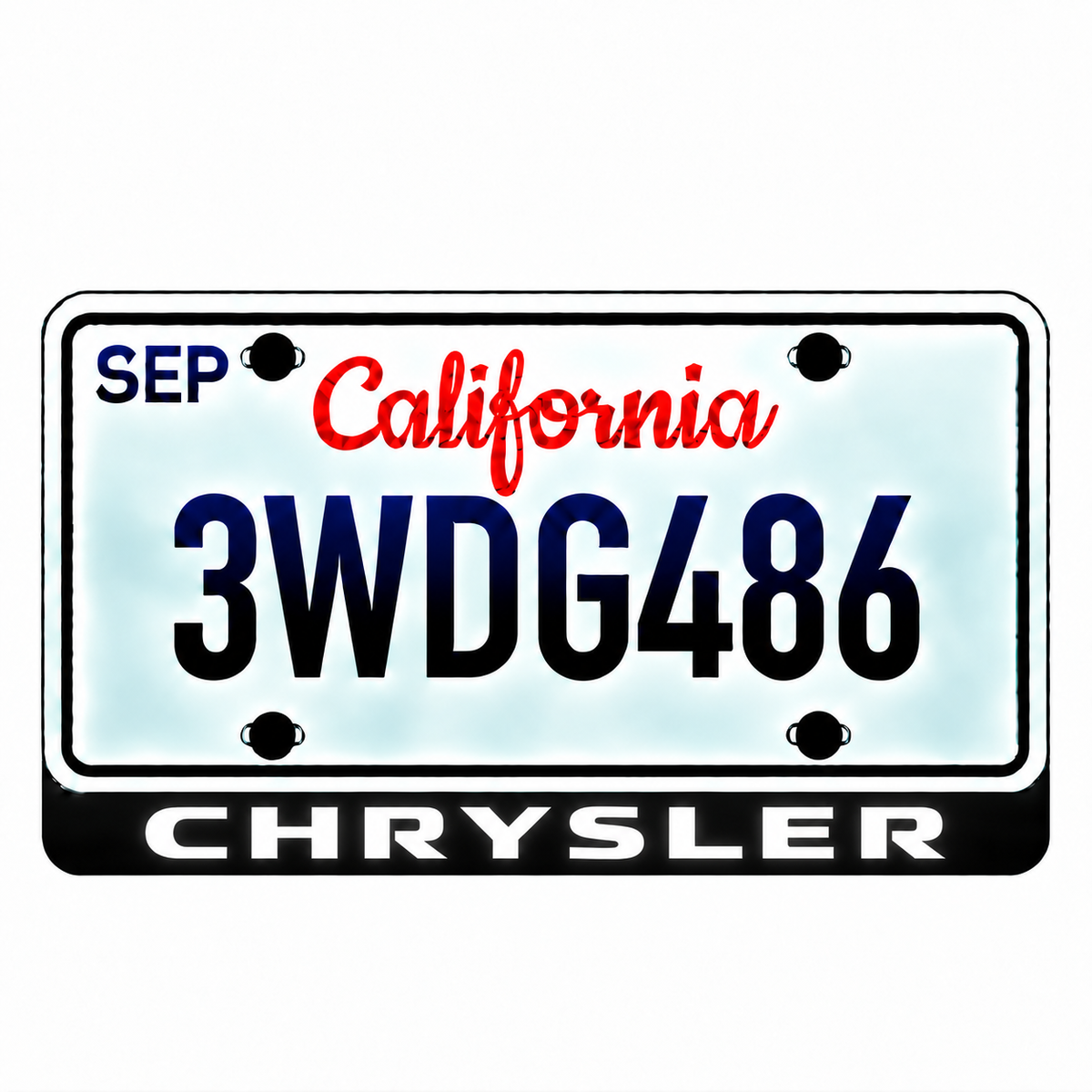 Chrysler CHRYSLER illuminated LED license plate badge with solid lettering below an illustrative US plate; plate not included