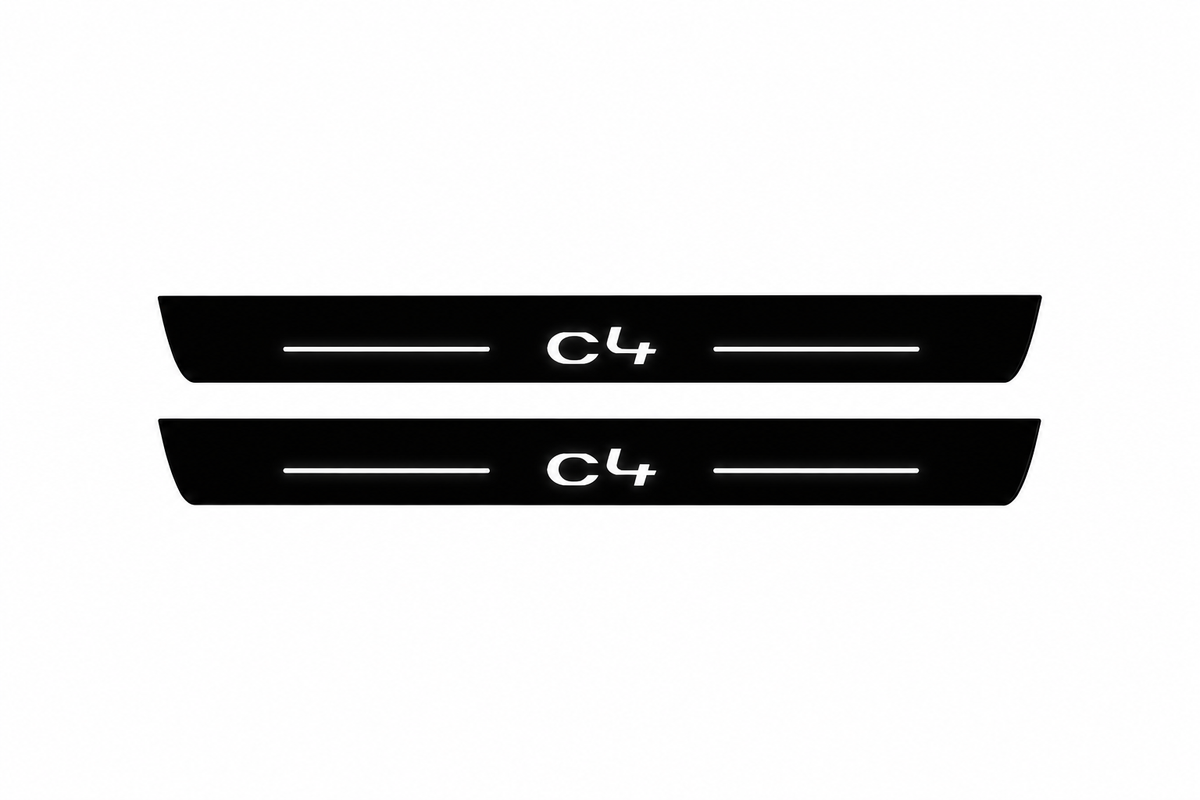 Catalogue illustration of two black Matte PRO front sill plates with illuminated C4 lettering and straight top lines. Rear plates are not pictured; dimensions are selected for Citroën C4 B7 during manufacture.