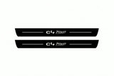 Catalogue illustration of two front black Matte PRO LED door sill plates with illuminated C4 Picasso lettering for Citroen C4 Picasso I; dimensions are selected during manufacture.