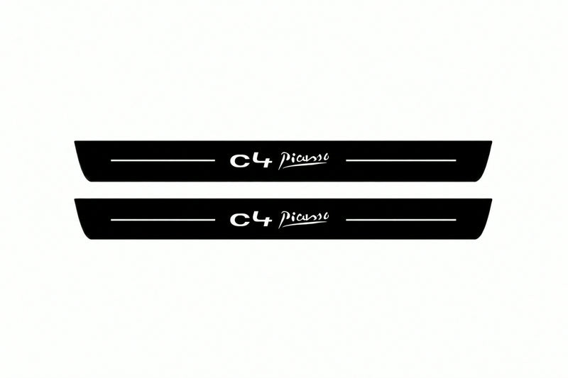 Catalogue illustration of two front black Matte PRO LED door sill plates with illuminated C4 Picasso lettering for Citroen C4 Picasso I; dimensions are selected during manufacture.