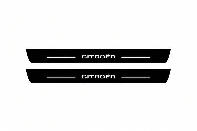 Catalogue illustration of two front black Matte PRO LED door sill plates with illuminated Citroen lettering for Citroen C5 II; dimensions are selected during manufacture.