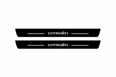 Catalogue illustration of two front black Matte PRO LED door sill plates with illuminated Citroen lettering for Citroen C5 II; dimensions are selected during manufacture.