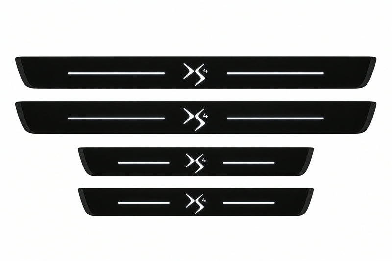 Catalog illustration of two front and two rear black Matte PRO LED door sill plates with illuminated DS4 lettering for Citroën DS4 B75.