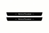Catalogue illustration of two front black Matte PRO LED door sill plates with illuminated SpaceTourer lettering for Citroen SpaceTourer; dimensions are selected during manufacture.