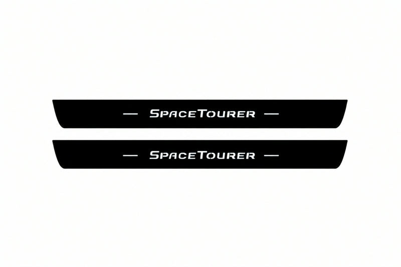 Catalogue illustration of two front black Matte PRO LED door sill plates with illuminated SpaceTourer lettering for Citroen SpaceTourer; dimensions are selected during manufacture.
