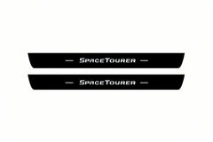 Catalogue illustration of two front black Matte PRO LED door sill plates with illuminated SpaceTourer lettering for Citroen SpaceTourer; dimensions are selected during manufacture.