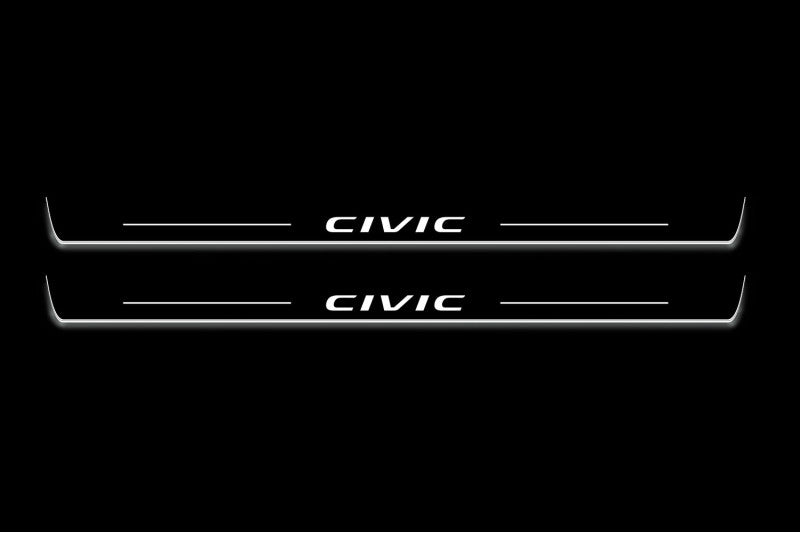 Honda Civic X coupe 2016+ LED door sill plates in stainless steel with Civic logo