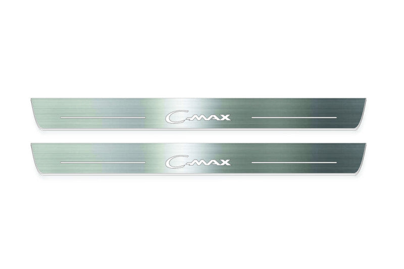 Ford C-Max II 2012+ illuminated entry guards in stainless steel with C-Max logo