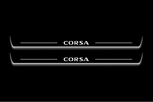 Opel / Vauxhall Corsa E 3-door Hatchback X15 2014–2019 — Stainless Steel LED Door Sills — Corsa Logo