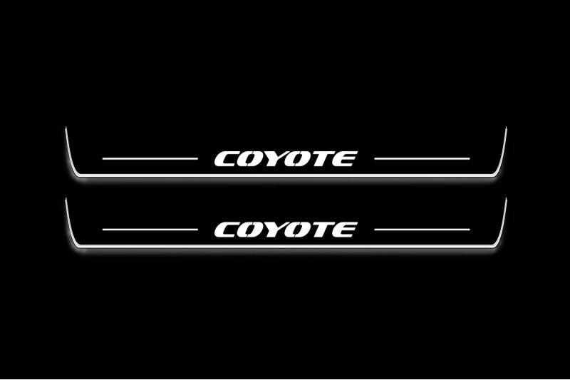 Ford Mustang VI S550 2015+ LED door sill plates in stainless steel with Coyote logo