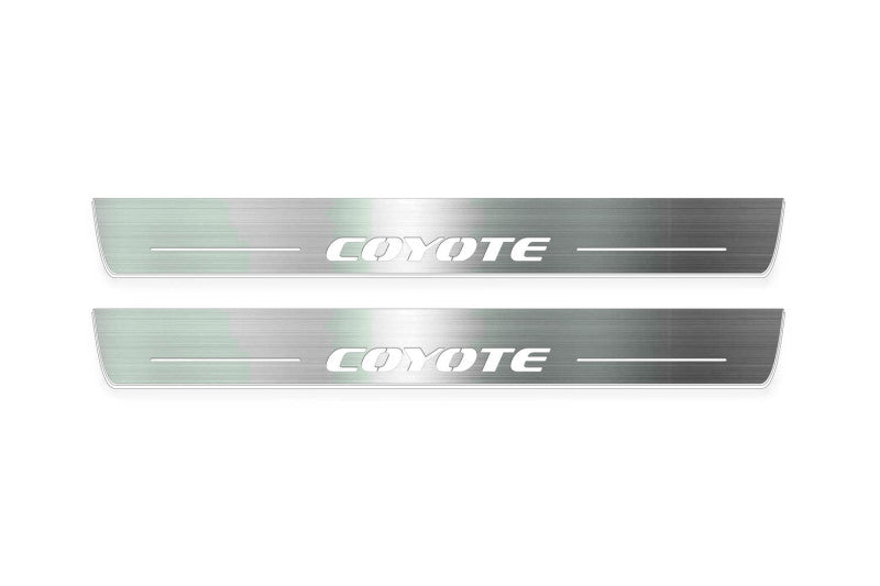 Ford Mustang VI S550 2015+ LED door sill plates stainless steel with Coyote logo