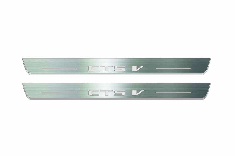 Cadillac CTS II GM325 2007–2014 — CTS V Stainless LED door sills — Front pair, Day stainless finish