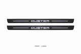 Dacia Duster HS Matte PRO catalogue illustration: two flat black FRONT plates with illuminated DUSTER lettering on white background