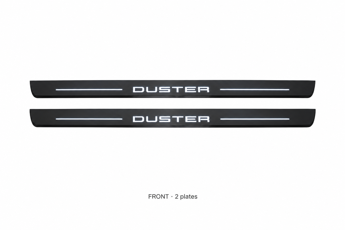Dacia Duster HS Matte PRO catalogue illustration: two flat black FRONT plates with illuminated DUSTER lettering on white background