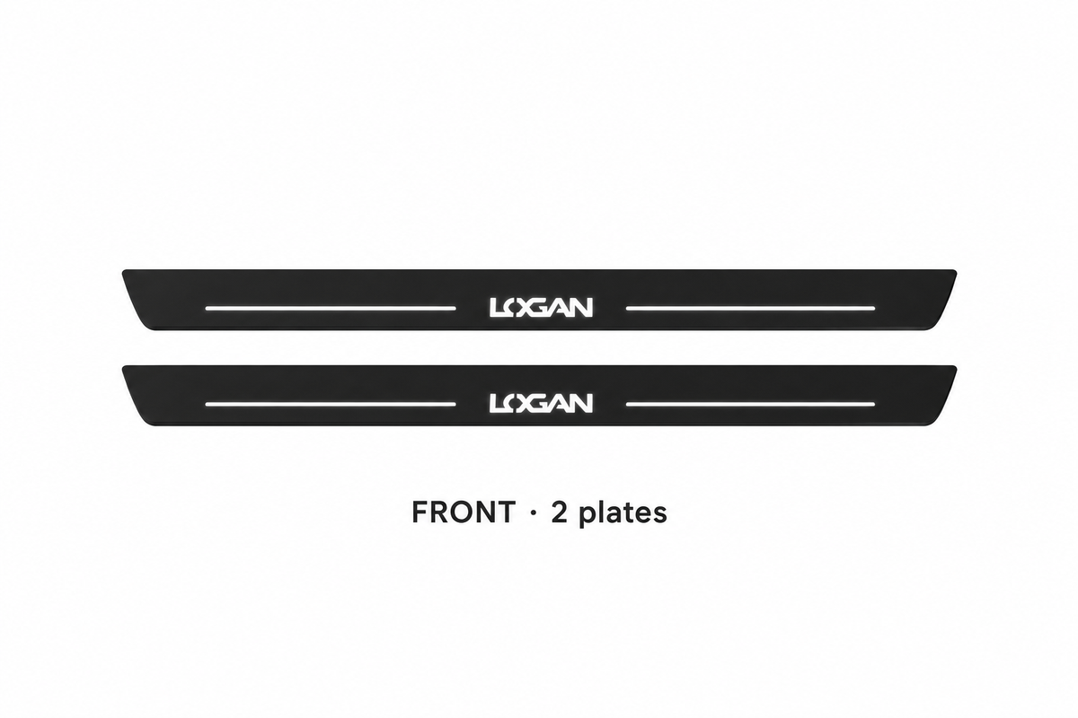 Dacia Logan I Matte PRO catalogue illustration: two black FRONT plates with illuminated stylized LOGAN lettering on white