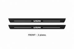 Dacia Logan I Matte PRO catalogue illustration: two black FRONT plates with illuminated stylized LOGAN lettering on white