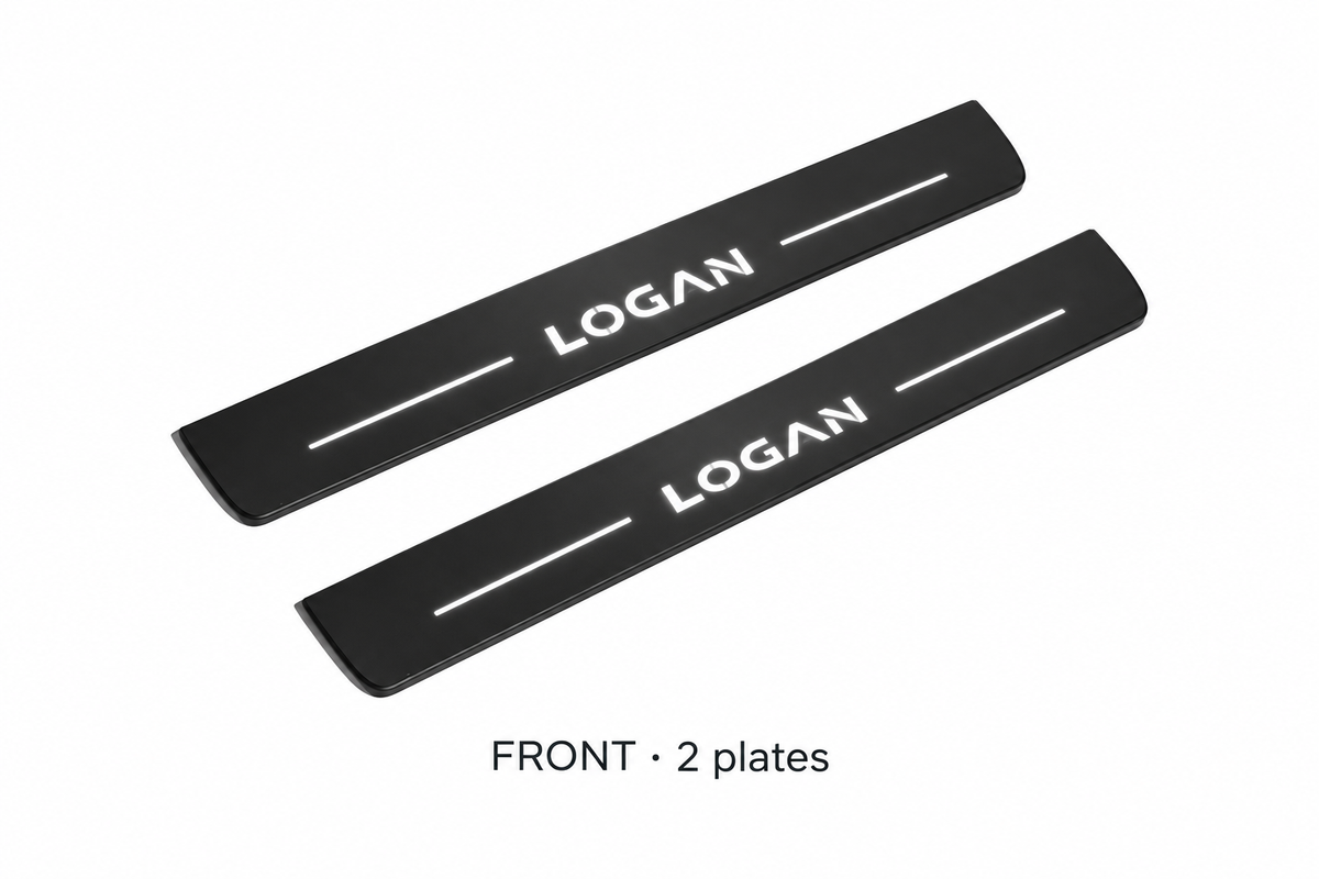 Dacia Logan II Matte PRO catalogue illustration: two black FRONT plates with illuminated LOGAN lettering on white