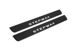 Matte PRO catalogue illustration showing two FRONT plates with illuminated Stepway lettering on a white background; Dacia Sandero Stepway B8 dimensions are selected during manufacture; rear plates are not pictured.
