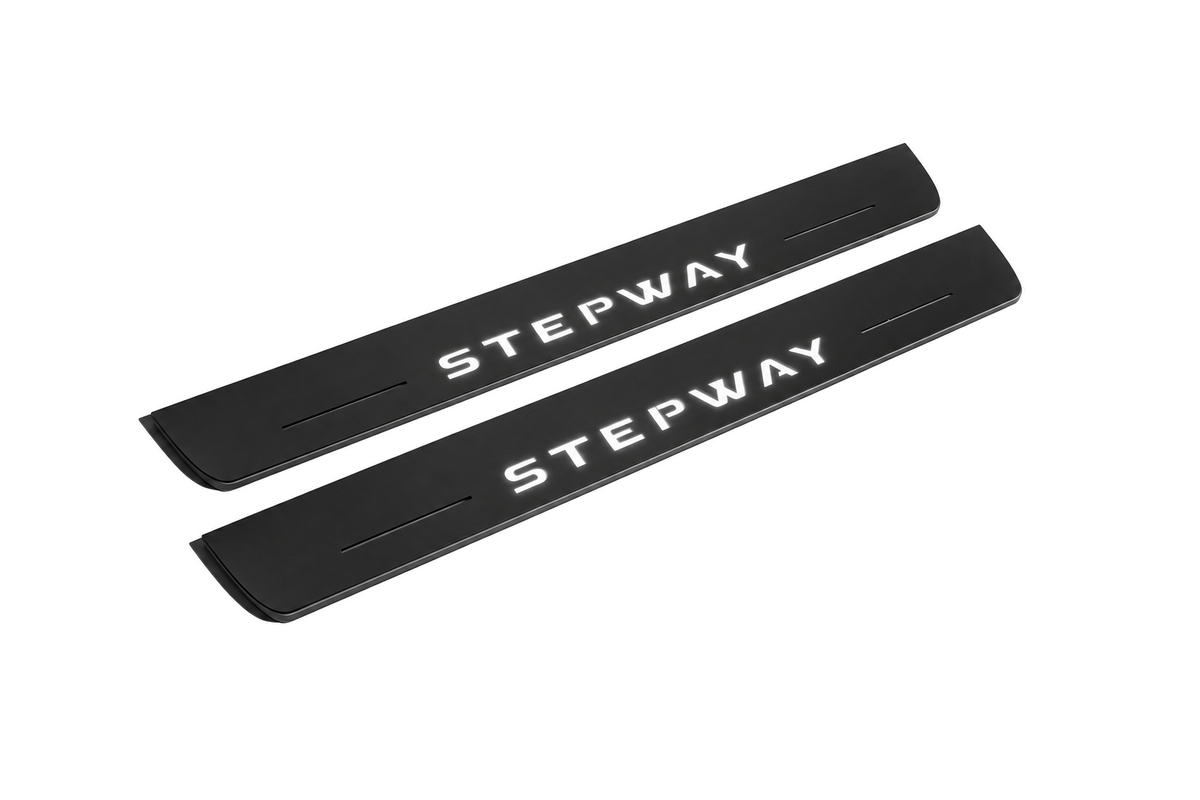 Matte PRO catalogue illustration showing two FRONT plates with illuminated Stepway lettering on a white background; Dacia Sandero Stepway B8 dimensions are selected during manufacture; rear plates are not pictured.