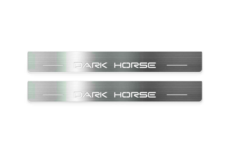Ford Mustang VII S650 2023+ illuminated entry guards in stainless steel with Dark Horse logo