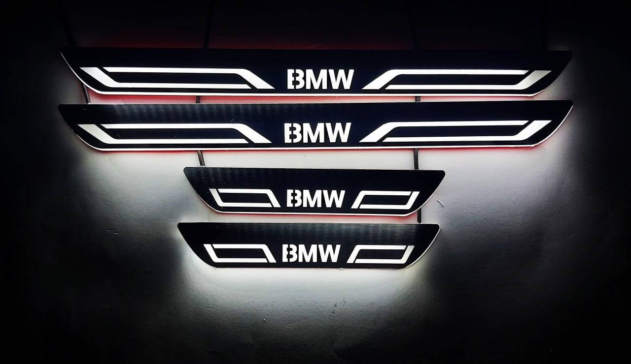 Illuminated LED Door Sill Tread Plates BMW 5 F10 2009-2017 With BMW LINE Logo BMW Led Door Sills opdesign