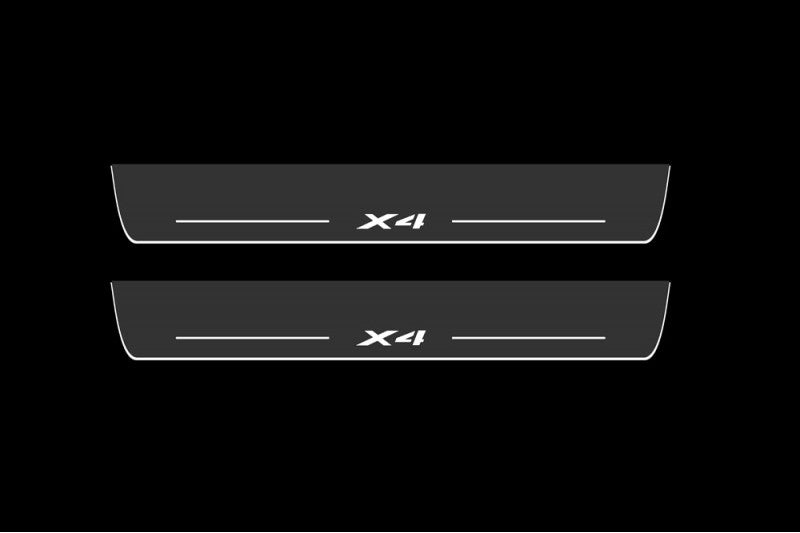 Illuminated LED Door Sill Tread Plates BMW X4 F26 2014-2018 With X4 Logo BMW Led Door Sills opdesign