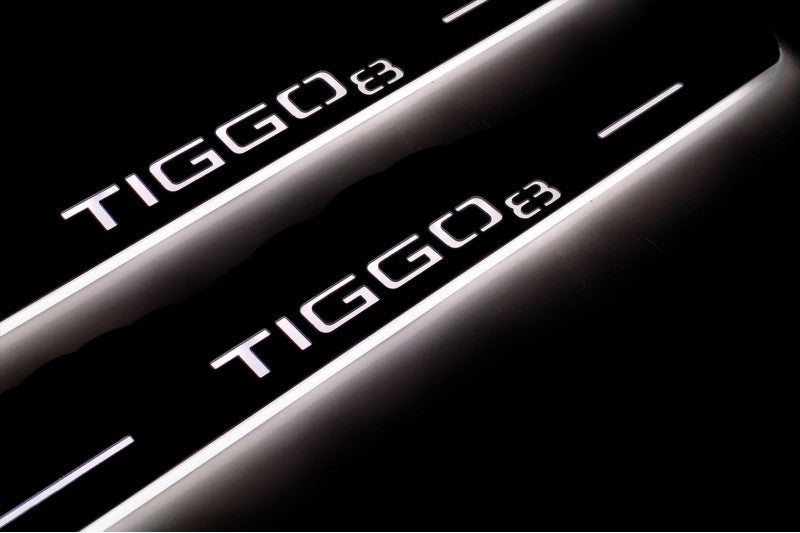 LED door sill plates Chery Tiggo 8 2018+ stainless steel with Tiggo 8 logo