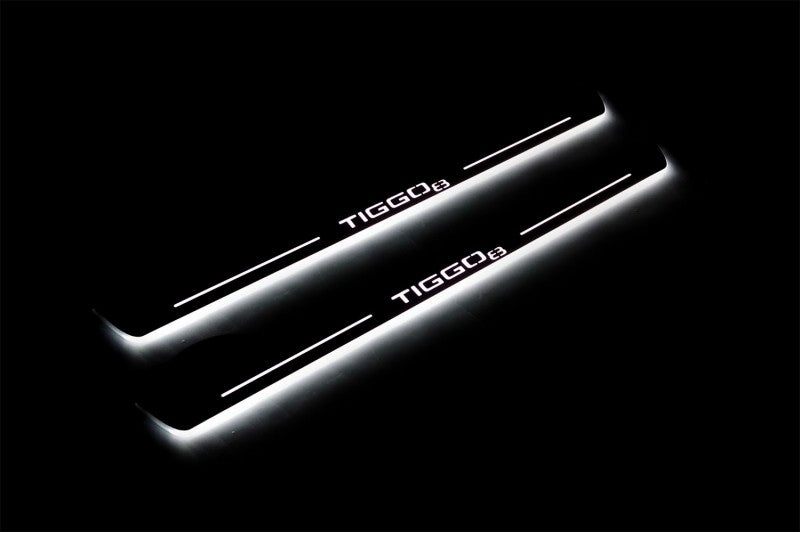 Chery Tiggo 8 2018+ illuminated entry guards in stainless steel with Tiggo 8 logo