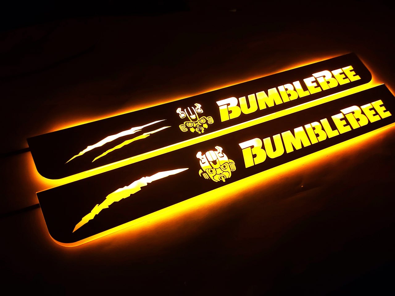 Chevrolet Camaro VI 2016+ stainless steel LED door sill plates with BumbleBee logo